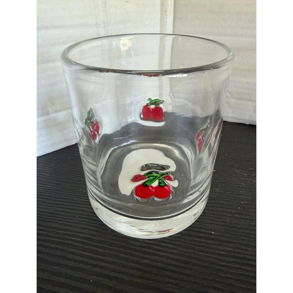 Vtg Style Fruit Juice Glasses Set of 2 Cherry Lemon Raised Design Clear Glass